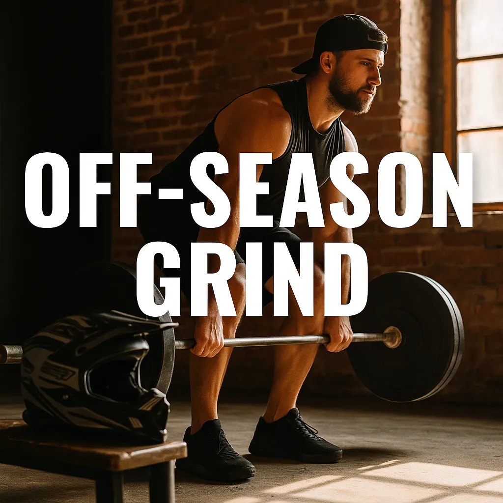 Snowmobiler training in a gym during summer with a helmet and gear nearby, text overlay reading ‘Off-Season Grind.’