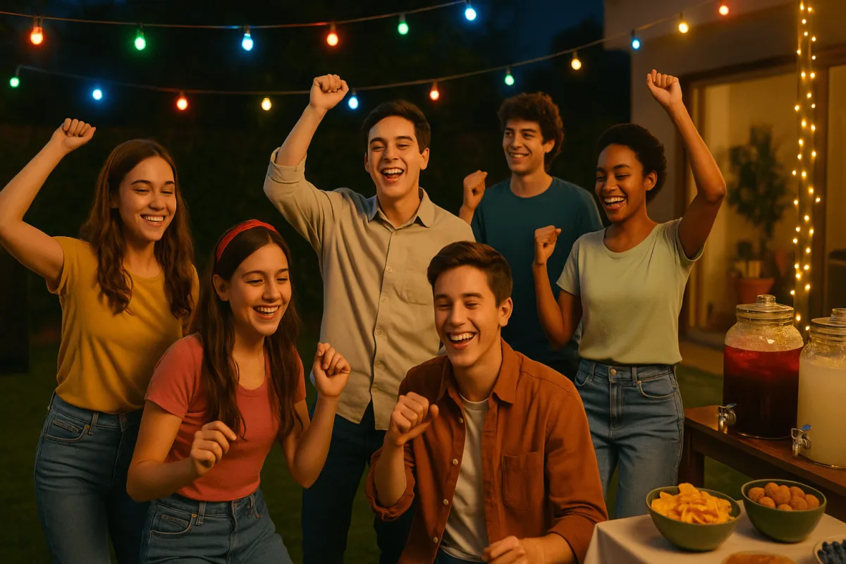 jovenes disfrutando convivencia sana sin alcohol bailando en una fiesta con snacks y alternativas de bebida como aguas frescas riendo y bailando