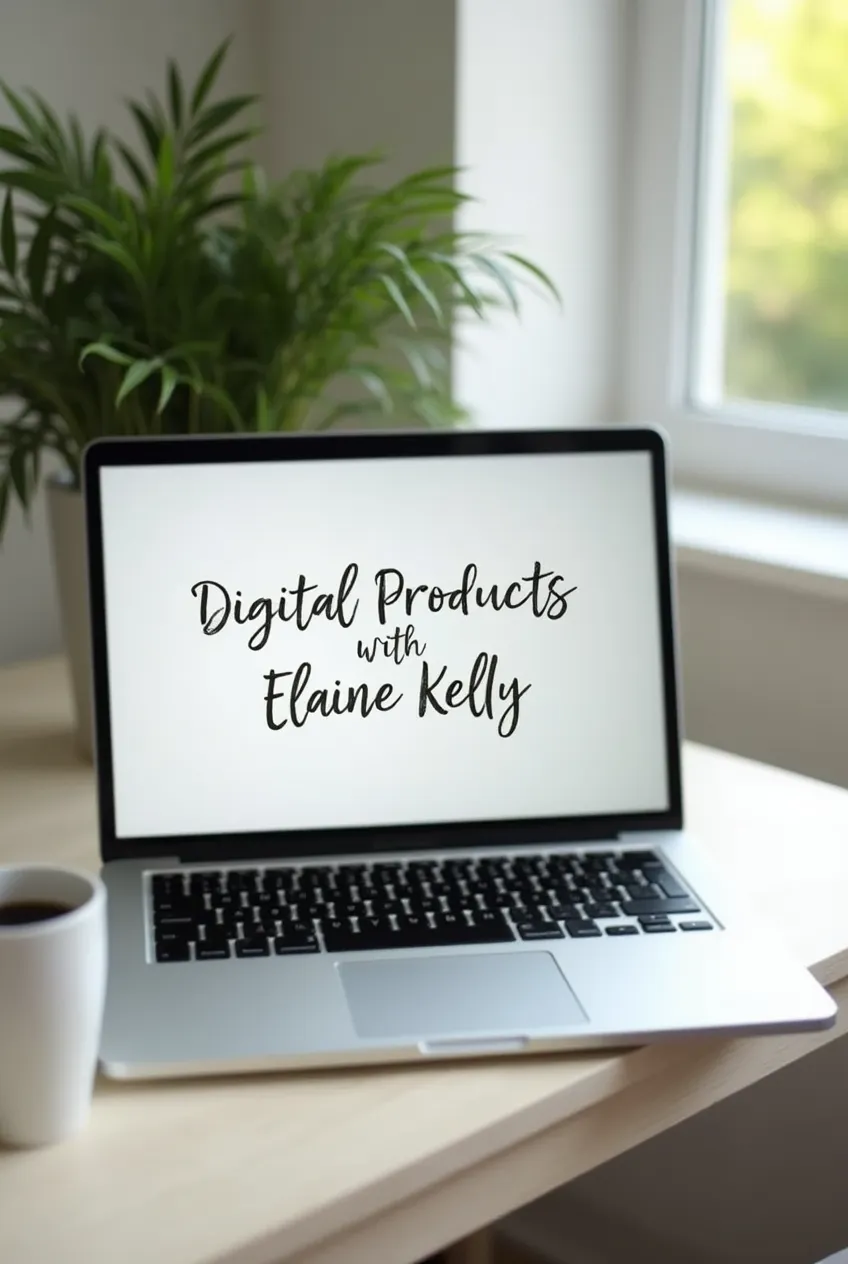 laptop open on a desk with the words digital marketing with elaine kelly, there is a glimpse of a window to the right and a plant to the back left