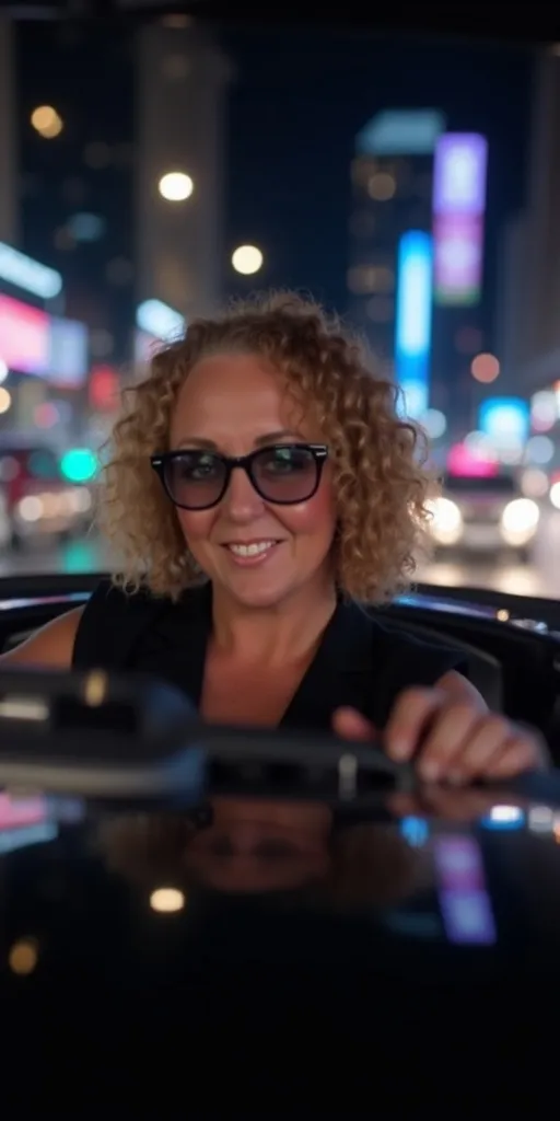 woman ion a car at night, wearing sunglasses