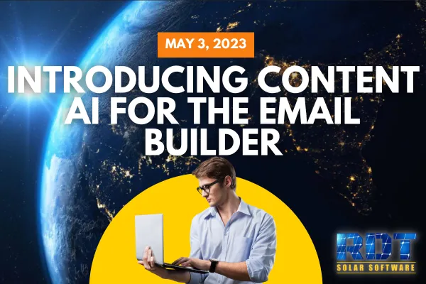 RDT Logo with text that says 'Introducing Content AI for the Email Builder' and date labelled 'May 5, 2023'