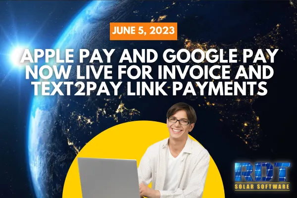 RDT Logo with text that says 'We've upgraded our invoice payment system. The card element has been replaced with a dynamic payment element that can show Google Pay or Apple Pay options.' and date labelled 'June 5, 2023'
