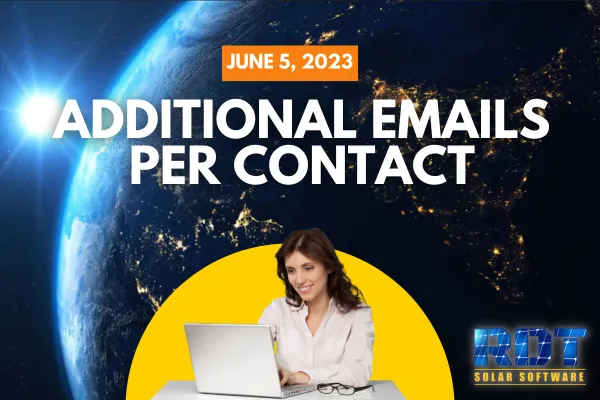 RDT Logo with text that says 'Additional Emails per Contact' and date labelled 'June 5, 2023'