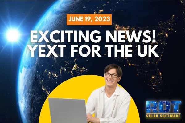 RDT Logo with text that says 'Exciting News! Yext for the UK' and date labelled 'June 19, 2023'