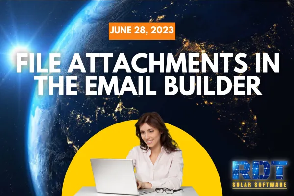 RDT Logo with text that says 'File Attachments in the Email Builder' and date labelled 'June 28, 2023'
