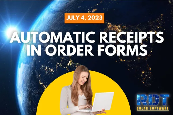 RDT Logo with text that says 'Automatic Receipts in Order Forms' and date labelled 'July 4, 2023'