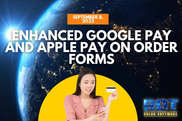 RDT Logo with text that says Enhanced Google Pay and Apple Pay on Order Forms and date labelled 'Sep 8, 2023'