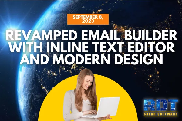 RDT Logo with text that says Revamped Email Builder with Inline Text Editor and Modern Design and date labelled 'Sep 8, 2023'