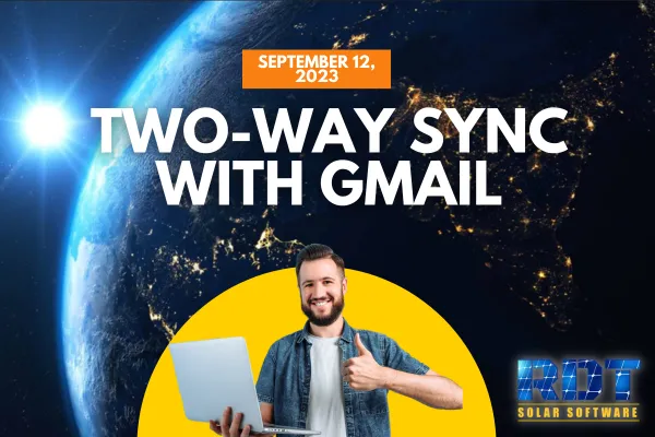 RDT Logo with text that says 'ITwo-Way Sync with Gmail' and date labelled 'Sep 12, 2023'