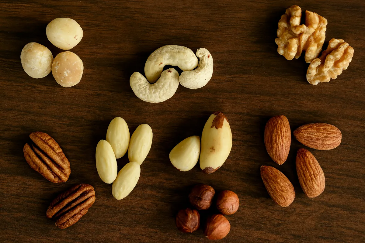 Een assortiment ongezouten noten op een houten ondergrond, waaronder macadamia's, cashewnoten, walnoten, pecannoten, amandelen, hazelnoten, paranoten en geblancheerde amandelen.