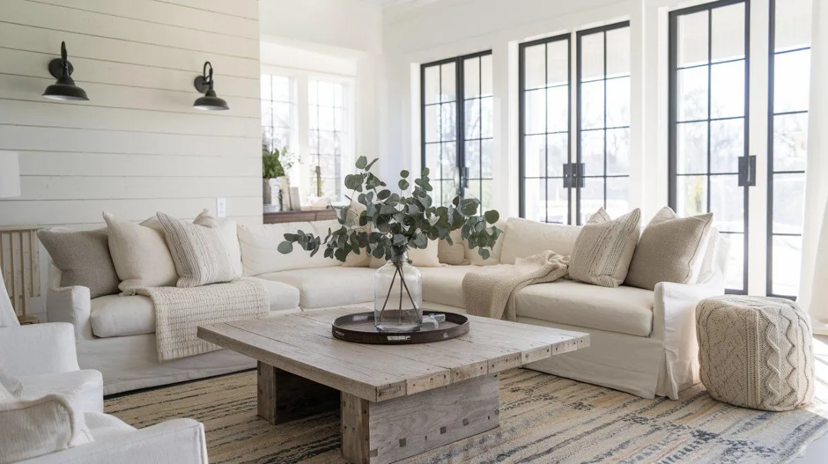 A beautifully designed modern farmhouse living room with a neutral color palette. The space features a distressed wood coffee table, a cozy beige sectional with layered knit and linen throw pillows, and a textured area rug. Behind the sofa, there’s a shiplap wall with black metal wall sconces, and on the table, a rustic centerpiece of eucalyptus stems in a clear glass vase. The room is bright and airy with natural light streaming in through large, black-framed windows.