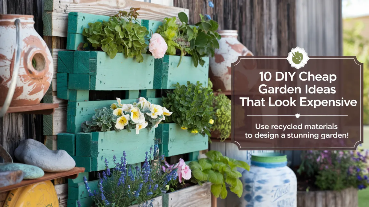 A close-up of a DIY vertical garden made from recycled pallets filled with blooming flowers and herbs. Surrounding elements include rustic accents like mason jars and painted rocks.