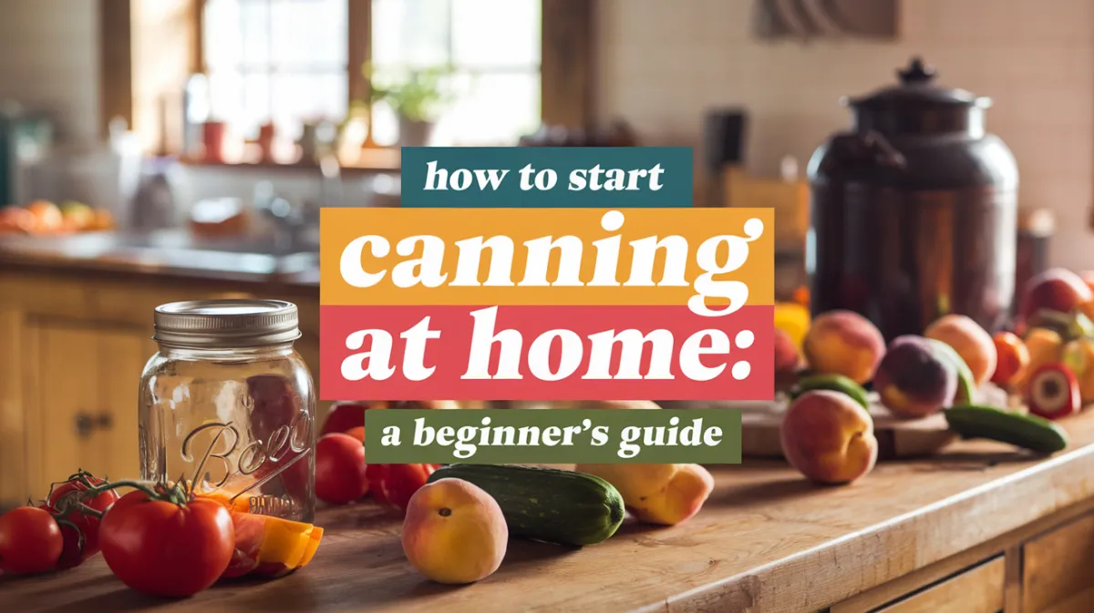 A rustic kitchen with warm, natural lighting, showcasing a countertop covered with freshly picked fruits and vegetables (like tomatoes, cucumbers, and peaches). A canning jar with a lid is placed prominently, and a vintage canning pot is visible in the background.