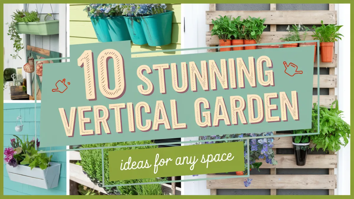 A colorful image of a DIY vertical garden featuring hanging planters, wall-mounted pots, and wooden pallets with blooming flowers and herbs, set against a bright outdoor background.