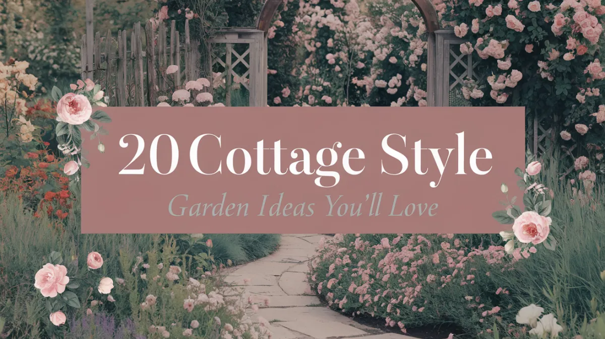 A dreamy image of a lush cottage garden with overflowing flower beds, winding stone pathways, and a rustic wooden fence covered in climbing roses.