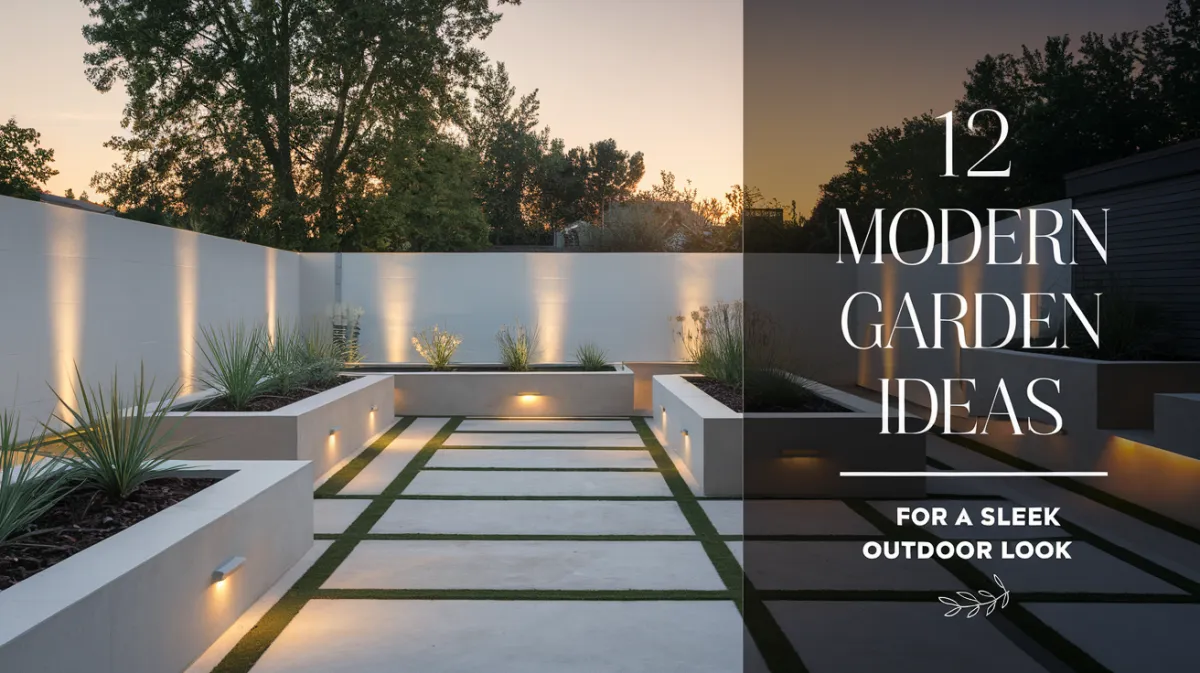 A sleek outdoor garden with clean lines, geometric planters, and a neutral color palette, featuring a modern patio with built-in seating and soft ambient lighting.