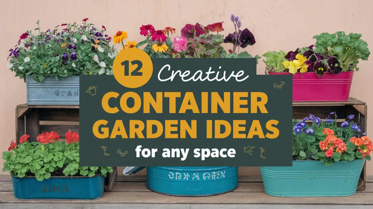 A colorful display of container gardens featuring a mix of potted flowers, herbs, and vegetables in repurposed items like vintage tins, wooden crates, and painted buckets.