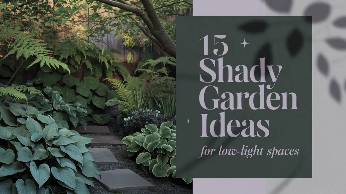 A tranquil garden scene with lush ferns, hostas, and shade-loving plants under a canopy of trees, creating a peaceful, low-light space.