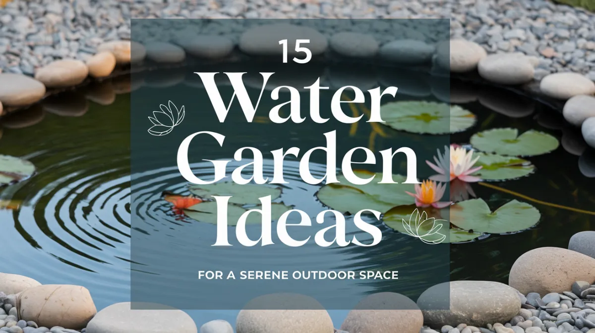 A peaceful backyard water garden featuring a small koi pond surrounded by smooth stones, water lilies, and gentle ripples reflecting the sky.