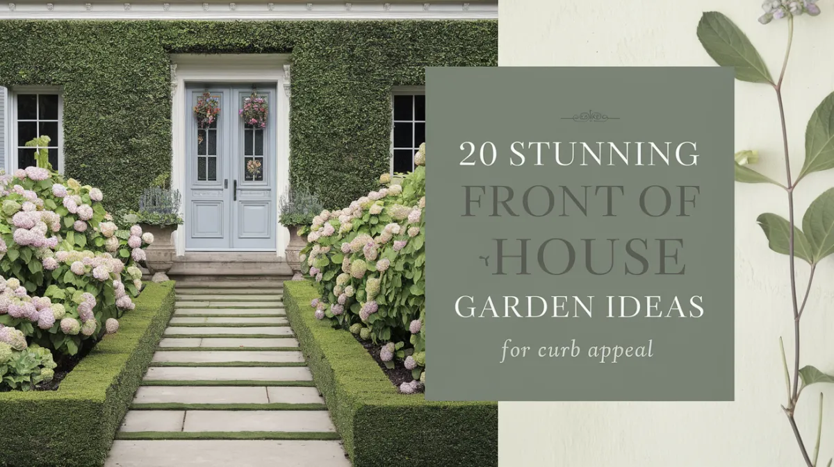 A picturesque image of a grand front entrance framed by neatly trimmed hedges, blooming hydrangeas, and a stone pathway leading to a charming front door.