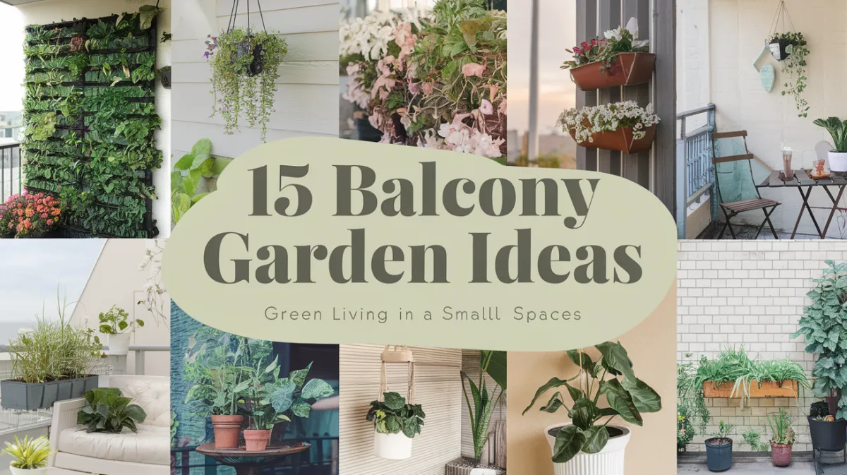 An image showcasing a variety of balcony garden ideas: from vertical plant walls, hanging planters with cascading flowers, potted plants arranged on tables and railings, to cozy nooks filled with greenery.