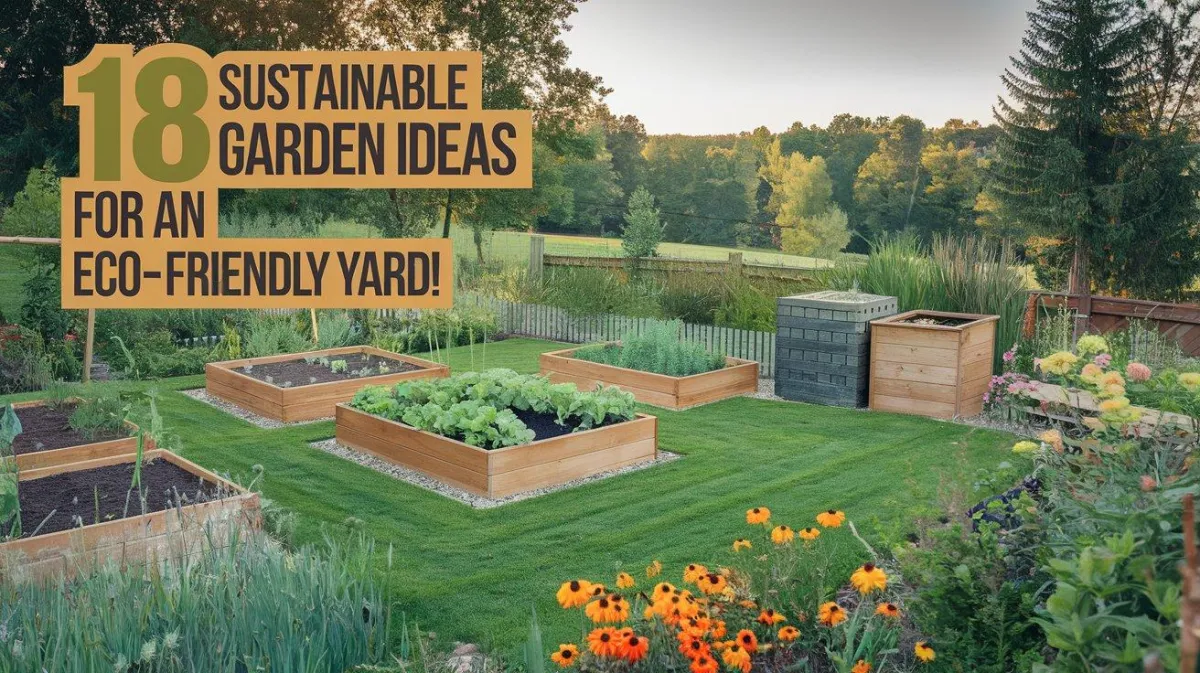A beautifully landscaped backyard with raised garden beds, a DIY compost bin, and a lush green lawn surrounded by pollinator-friendly flowers.