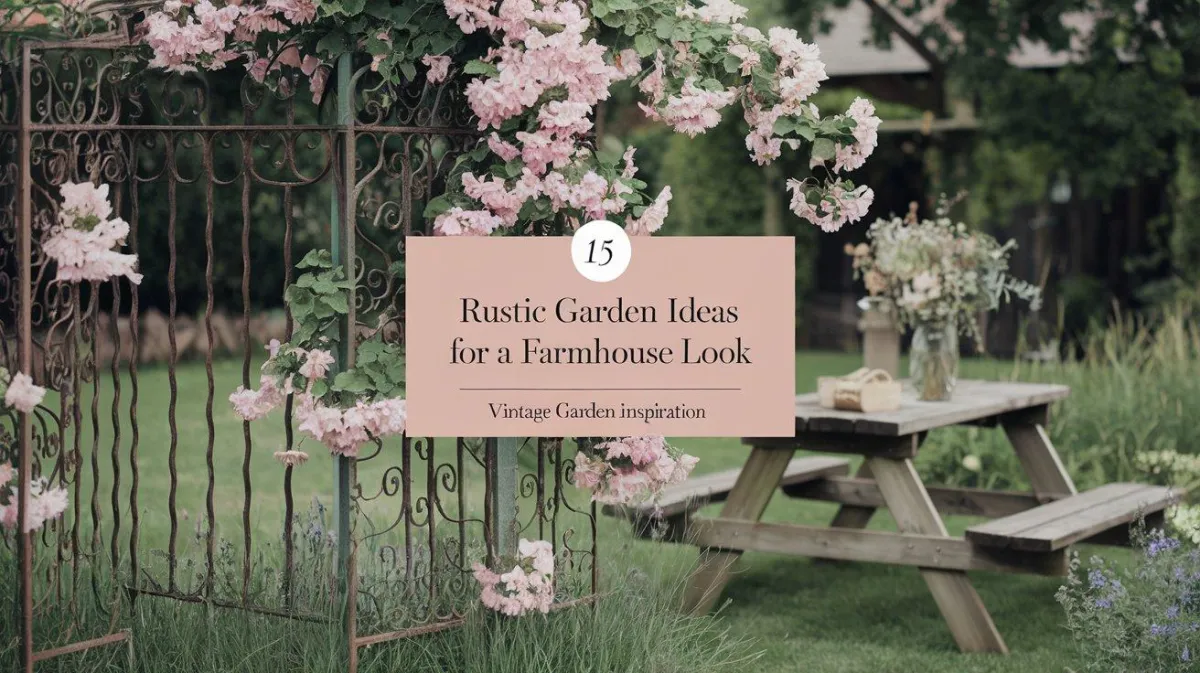 A feminine, rustic garden scene with blush pink flowers cascading over a vintage wrought iron garden fence. A wooden picnic table with a vase of wildflowers and a rustic garden sign nearby.