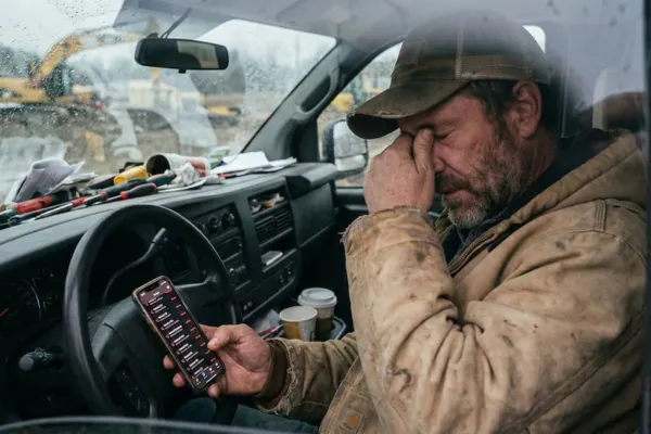 Stressed small business owner looking at missed calls on phone