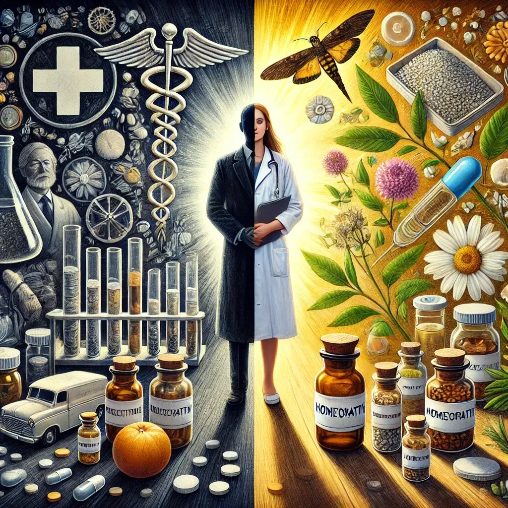 Picture contrasts the economic aspects of homeopathy and conventional medicine with expressionist elements, highlighting the differences between the two approaches.