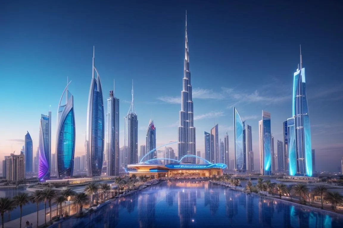 A futuristic skyline of Dubai, seamlessly blending traditional architecture with digital holograms and AI interfaces. Neon lights highlighting "AI Real Estate" with drones showcasing properties in the sky.