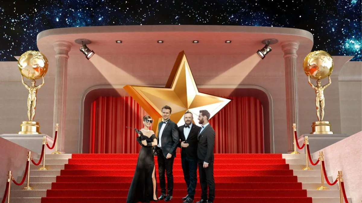 Podcast Famous people standing on a red carpet