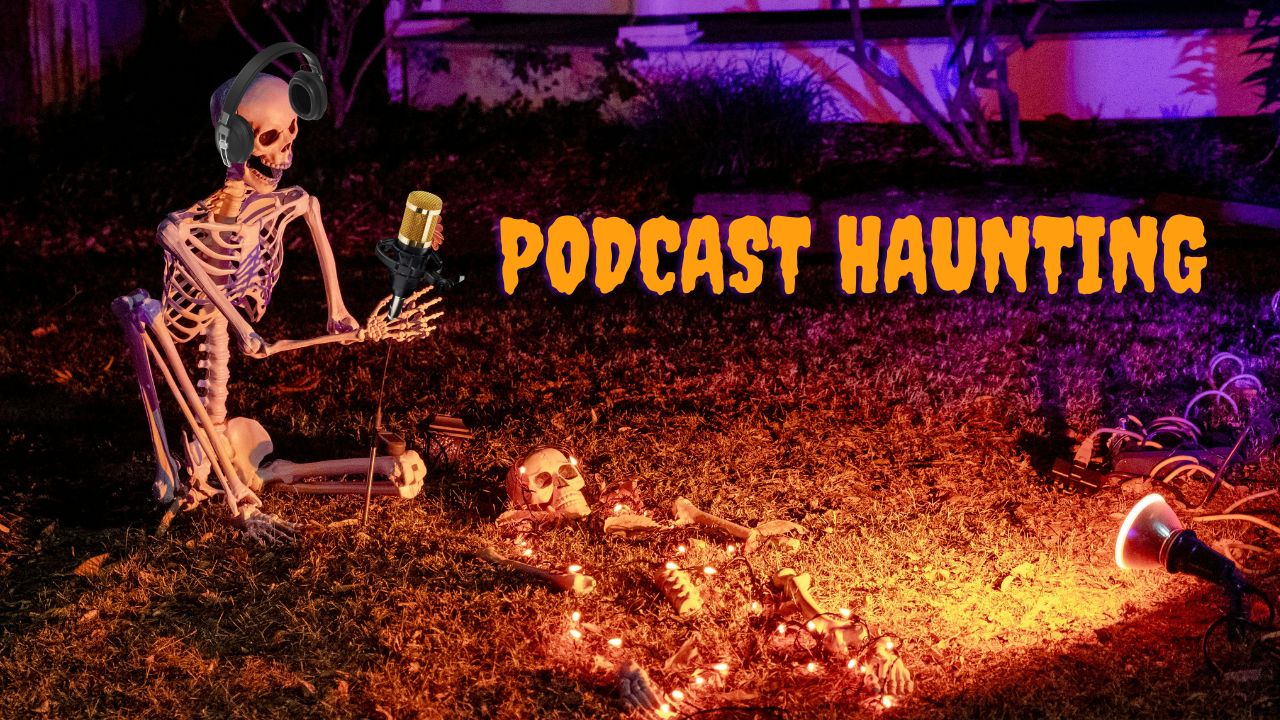 Skeleton Holding a microphone in a podcast haunting