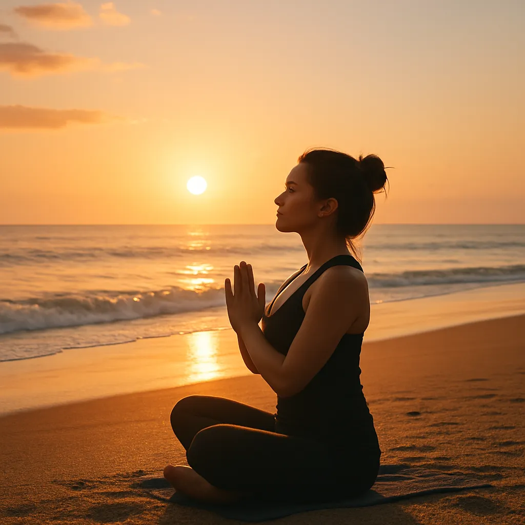 woman practicing minfulness on the beach in the morning