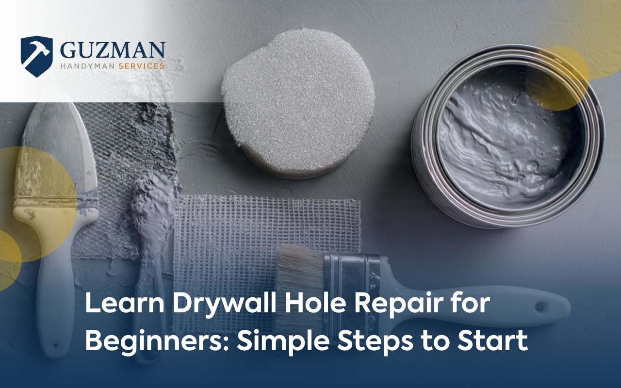 Drywall hole repair for beginners tools laid out, including putty knife, compound, sanding block, and mesh patch.