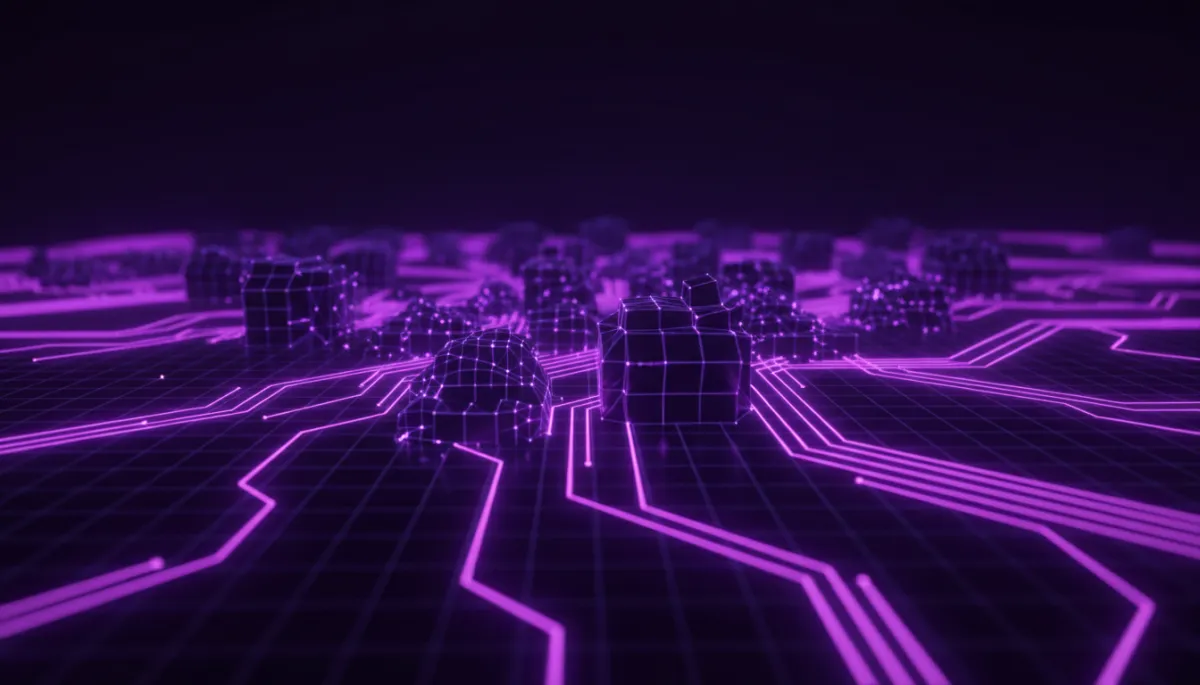 Abstract digital neural network in deep purple and electric violet — AI content strategy for creators 2026