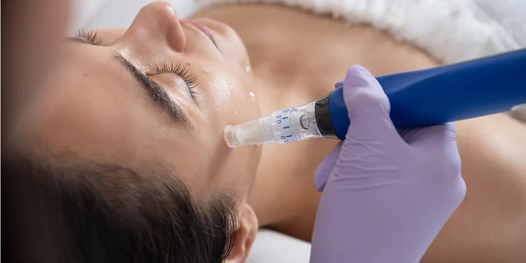 Woman receiving RF microneedling treatment.