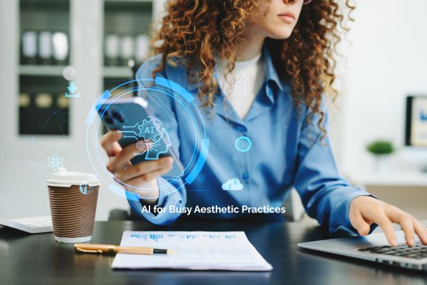 Woman using AI tools on a phone and laptop for aesthetic practice marketing.