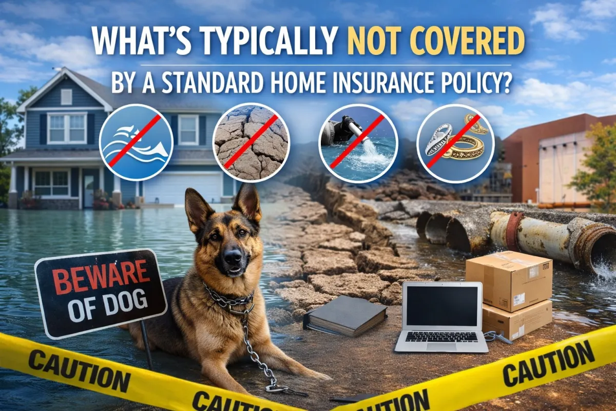 Illustration showing what’s typically not covered by standard home insurance: flooded house, cracked earth from earthquake, sewer backup, valuable jewelry, a dog behind caution tape, and home business equipment, with bold headline text emphasizing exclusions.