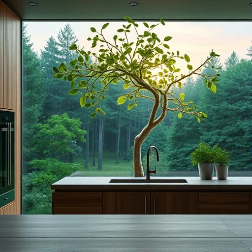 A detailed illustration of an eco-conscious modern kitchen designed in the style of Symbolism, featuring minimalist lines and organic forms. The scene depicts surfaces made from reclaimed wood, matte stone, and glass with subtle green undertones. Above the sleek countertop, an ethereal, luminous tree with delicate, intertwining branches blooms into cascading leaves that subtly transform into abstract utensils and plant motifs, symbolizing growth, sustainability, and harmony with nature. In the background, a softly glowing window reveals a lush green forest under a dawn sky painted with pastel pinks and lavenders, emphasizing serenity and hope. Quirky details include vegetables and herbs arranged into abstract faces and shapes, adding life to the scene without human figures. Decorative elements such as a heart-shaped watering can and a vine curling around a ceiling beam enhance the eco-friendly theme. The color palette combines deep forest greens, muted earthy browns, pale blues, and soft pinks, creating a peaceful, inspiring atmosphere. The artwork's mystical, contemplative style invites reflection on the relationship between sustainability and aesthetic beauty, presenting a poetic vision of eco-conscious kitchen design bursting with subtle personality and elegance.