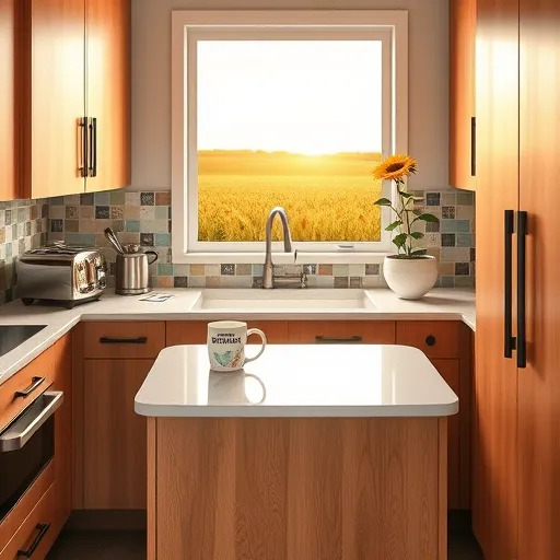 A hyperrealistic image of a small, expertly remodeled kitchen in Lowell, Indiana, showcasing craftsmanship and local charm. The cozy, organized space features sleek, modern oak cabinetry with matte black hardware, and a compact island topped with a quartz surface decorated with whimsical doodles like playful utensils, tiny plants, and musical notes. The colorful, hand-painted tile backsplash depicts a serene Indiana landscape with cornfields under a pastel sunset. Soft warm lighting highlights details such as a vintage toaster with retro decals, a hidden drawer labeled "secret snack," and a potted sunflower on a shelf. A window reveals a tranquil Indiana countryside scene with gentle sunlight filtering through. Slightly off-center, a whimsical, exaggerated coffee mug with an Indiana-themed slogan adds humor. The color palette combines warm neutrals, vibrant tile accents, and soft natural light, creating an inviting, bright atmosphere that celebrates expert craftsmanship with a fun, quirky touch.