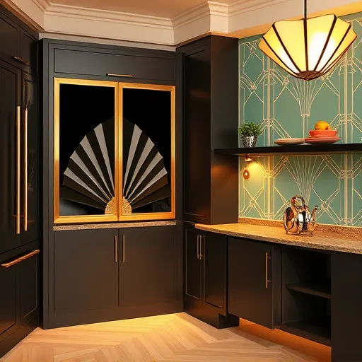 An elegant Art Deco-inspired kitchen corner featuring sleek geometric designs and luxurious accents. The foreground displays a custom corner cabinet with fan-shaped doors highlighted by gold and black detailing, blending style and practicality. Nearby, a fold-out shelf with mosaic tile patterns provides additional storage, and an ornate, streamline Lazy Susan emphasizes efficiency. The background reveals a chic kitchen nook with symmetrical patterns, sunburst motifs, and warm amber and soft teal tones that create an inviting atmosphere. Quirky decorative touches include a vintage-style clock on the shelf and a retro chrome tea kettle, adding charm. Angular sunburst pendant lamps cast gentle golden light over the scene, enhancing its glamour. Subtle details like geometric fruit bowls and art deco border trim add sophistication, presenting a stylish, functional solution for awkward kitchen corners in a refined, glamorous Art Deco style with rich golds, deep blacks, moonlit blues, and warm amber shades.