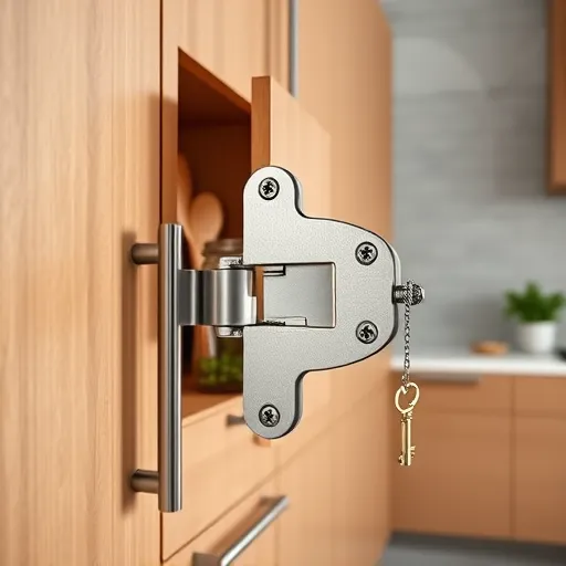 A hyperrealistic image of a modern kitchen featuring a row of sleek, minimalist wooden cabinets in warm, natural tones. One cabinet door is slightly open, revealing neatly organized glass jars, utensils, and fresh herbs inside, highlighting functional elegance. The focal point is a close-up of intricately detailed cabinet hinges with exceptional clarity, showcasing their mechanical complexity, metallic textures, brushed steel finish, and subtle rust-resistant coatings that catch ambient diffuse lighting. Surrounding the hinges are quirky details, such as a tiny, antenna-like gadget attached to one hinge and a miniature vintage key dangling nearby, suggesting secret compartments or whimsical design elements. The background includes light-colored marble countertops, a potted basil plant, and textured gray subway tile splashback, creating a clean, contemporary aesthetic. The overall scene emphasizes muted metallic silvers, warm wooden hues, soft whites, and earth tones, evoking a calm, inviting, and sophisticated atmosphere that elevates everyday hardware as a blend of technical precision and playful curiosity.