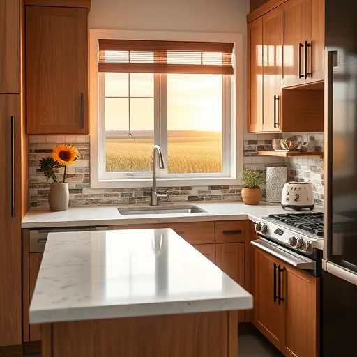 A hyperrealistic depiction of a small, expertly remodeled kitchen in Lowell, Indiana, highlighting craftsmanship with warm oak cabinetry featuring matte black hardware, a quartz-topped compact island with whimsical doodle patterns, and colorful, hand-painted tiles illustrating a serene Indiana landscape of cornfields at sunset. The scene includes vintage appliances with retro decals, a hidden drawer with a humorous "secret snack" sticker, and a tiny potted sunflower on a shelf. A window reveals a peaceful Indiana countryside view bathed in soft sunlight, while a playful, exaggerated coffee mug with an Indiana-themed slogan adds whimsy. The inviting, cozy atmosphere showcases warm neutral tones, vibrant accents, and soft natural lighting, emphasizing professional craftsmanship with a fun, quirky personality.