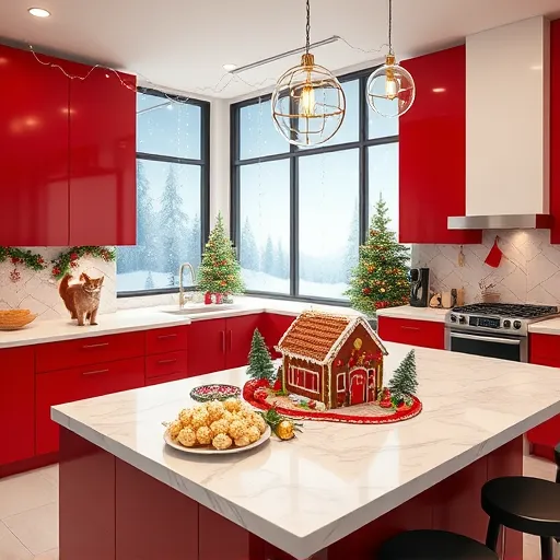 A vibrant, hyperrealistic image of a modern holiday-themed kitchen showcasing festive decor. The spacious, well-lit kitchen features sleek cabinetry in rich cranberry reds and snowy whites, with twinkling string lights draped overhead. A large marble island at the center displays a colorful assortment of holiday cookies, a steaming pot of mulled wine, and a whimsical gingerbread house in progress. Small golden ornaments nestled among evergreen sprigs and popcorn garlands border the countertops, adding playful touches. The backsplash depicts a detailed mural of snowflakes and holly leaves with shimmering accents, enhancing the festive atmosphere. Large windows reveal a snowy winter landscape outside, creating a cozy winter scene. Warm lighting cast soft highlights and shadows, emphasizing textures like glossy cookie frosting and rising steam from hot drinks. The color palette includes deep reds, crisp whites, evergreen greens, and metallic golds, balancing elegance and holiday cheer. Subtle motifs, such as a curious cat pawing at an ornament and a vintage oven clock displaying a festive time, add personality. The hyperrealistic rendering captures intricate details, inviting viewers into a charming, inviting holiday kitchen scene perfect for festive inspiration.