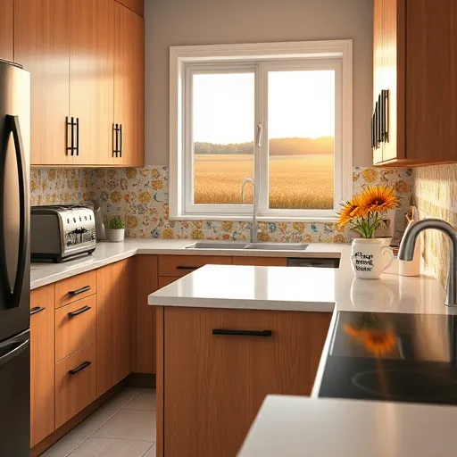 A hyperrealistic depiction of a transformed small kitchen in Lowell, Indiana, showcasing expert remodeling craftsmanship. The cozy, efficiently organized space features sleek modern oak cabinets with matte black hardware, complemented by a compact quartz countertop island decorated with whimsical doodles of utensils, tiny plants, and musical notes. The vibrant backsplash displays hand-painted tiles illustrating a serene Indiana landscape with cornfields under a pastel sunset. Warm, soft lighting highlights details like a vintage toaster with retro decals, a hidden drawer labeled "secret snack," and a small potted sunflower on a shelf. A window reveals a peaceful Indiana countryside view with gentle sunlight casting subtle highlights across polished surfaces. Slightly off-center, a whimsical coffee mug with an Indiana-themed slogan adds a playful touch. The warm neutral color palette, accented by vibrant decor and natural light, creates an inviting, bright atmosphere that celebrates expert craftsmanship with a fun and quirky flair.