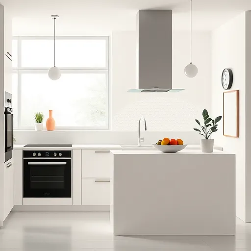 A modern, minimalist kitchen interior featuring sleek, clean lines and geometric shapes. The scene showcases contemporary appliances, including streamlined ovens and a minimalist freestanding island, with hidden storage solutions that maintain clutter-free surfaces. Elegant, abstract pendant lights hang above the island, adding delicate visual interest. The backsplash has subtle textured patterns, providing tactile detail without complexity. Playful accents include colorful utensils peeking out of a container and a cheerful succulent plant in an oddly shaped pot, adding whimsy. The background consists of smooth, pastel-colored walls in soft mint, blush pink, or muted gray, creating a calm and sophisticated atmosphere. Large windows flood the space with natural light, highlighting the gentle colors and airy feel. Decorative elements like a minimalist clock, geometric fruit bowl, and abstract wall art complement the scene without overwhelming it. The overall aesthetic emphasizes modern minimalism with a harmonious color palette of soft whites, warm neutrals, and pastel or vibrant accents, blending elegance with playful personality—ideal for inspiring contemporary kitchen design ideas.