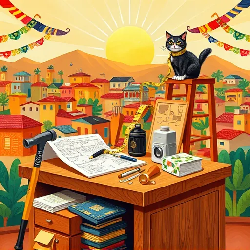 A vibrant, mural-style illustration depicting a home remodeling estimation scene inspired by Mexican Muralism. The scene features a sturdy wooden desk cluttered with architectural plans, paint swatches, and miniature house models, illustrated with bold sweeping lines and detailed textures. Symbolic representations of tools and materials—such as oversized hammers, paintbrushes, rulers, and tiles—with lively facial expressions and decorative patterns add personality and motion. In the background, a colorful urban landscape showcases stylized houses and buildings using geometric and organic shapes, set against a warm palette of ochres, terracotta reds, deep blues, and vibrant greens. Whimsical elements include a friendly cartoon-like cat wearing a measuring tape around its neck, perched on a ladder, and fluttering banners with geometric fabric-inspired patterns. Bright sun rays illuminate the scene, casting dramatic shadows that enhance the grandeur of the estimation process. The overall composition exudes optimism, creativity, and community spirit, blending traditional Mexican mural vibrancy with a quirky, inviting atmosphere that celebrates craftsmanship, planning, and imagination in home remodeling.