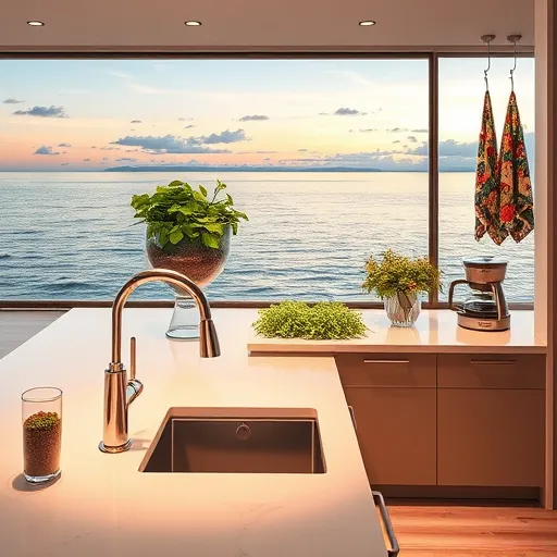 A vibrant, visionary-style depiction of a modern kitchen upgrade in Chesterton, Indiana, featuring sleek minimalist cabinets with clean lines illuminated by soft ambient lighting. Polished quartz countertops reflect warm, inviting earth tones, pastels, and subtle metallic accents that evoke modern elegance and comfort. The scene includes a futuristic abstract faucet resembling flowing water sculptures, a whimsical oversized herb garden in floating glass containers, and a panoramic window showing a dreamy view of Lake Michigan with shimmering waters, stylized clouds, and distant shoreline blending into the horizon. Playful details such as a quirky robotic coffee maker with a cartoonish faucet and vintage-inspired, colorful patterned dish towels hanging like art add character. Subtle geometric patterns and abstract flourishes swirl throughout, creating an energetic, harmonious atmosphere that celebrates innovation, natural beauty, and Midwest charm—a perfect, transformative kitchen upgrade.