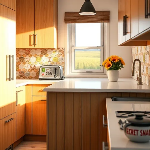 A hyperrealistic image of a recently remodeled small kitchen in Lowell, Indiana, highlighting expert craftsmanship. The compact space features warm oak-toned modern cabinetry with matte black hardware, complemented by sleek, contemporary design elements. A small island with a quartz countertop displays whimsical doodles of utensils, tiny plants, and musical notes, adding personality. The colorful, hand-painted tile backsplash depicts a serene Indiana landscape with cornfields under a pastel sunset, enhancing local charm. Warm lighting reveals detailed features such as a vintage toaster with retro decals, a concealed drawer labeled "secret snack," and a tiny potted sunflower on a shelf. A large window provides a view of the Indiana countryside with soft sunlight illuminating the polished surfaces. Off-center, a playful, exaggerated coffee mug with an Indiana-themed slogan adds a whimsical touch. The overall atmosphere is inviting, bright, and cozy, emphasizing professional craftsmanship, warm neutral tones, vibrant decor accents, and detailed hyperrealistic rendering.