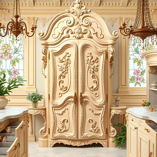 A detailed Rococo-inspired kitchen scene featuring an ornate, vintage-style cabinet as the focal point. The cabinet is intricately carved with swirling patterns, flourishes, and gilded accents, reflecting opulence and elegance. It is painted in a soft pastel color palette, including creams, blush pinks, and touches of gold leaf, adding a refined, historic charm. Surrounding the cabinet are whimsical decorative elements such as tiny cherubs holding herbs, delicate vine tendrils, and miniature porcelain figurines peeking from open drawers, infusing the scene with playful personality. The background showcases a lavish Rococo-style kitchen with ornate moldings, a sparkling chandelier with hanging crystals, and a polished marble countertop adorned with subtle floral motifs. Light streams through a stained-glass window with floral patterns, casting a warm, inviting glow over the scene. The overall mood is playful and whimsical, combining vintage elegance with lively, fairy-tale-like details that evoke a sense of charming sophistication and storybook charm.